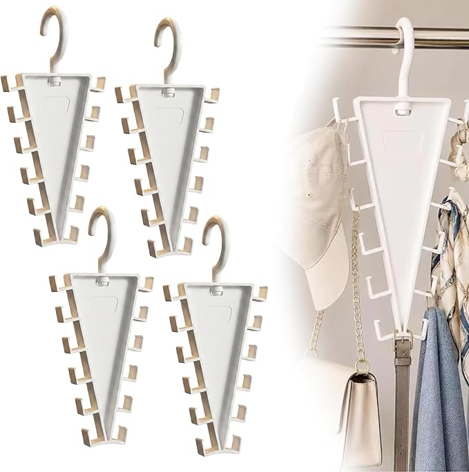 V Shaped Double-Sided Closet Organizer Hanger, 360° Rotating Multi-Layer Vertical Clothes Storage Rack with 12 Hooks, Space Saving Organizer for Hats, Scarves, Belts, Bags and Ties (4PC)