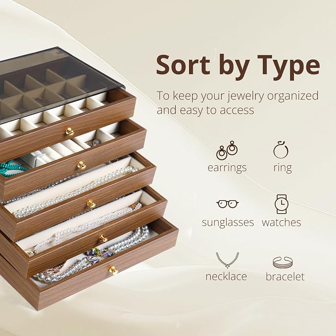 CLUQMEIK 5 Layer Large Wooden Jewelry Box with Acrylic Lid and Wooden Drawers, Stackable Jewelry Organizers and Storage Box for Women and Girls to Storing Rings Earrings Necklaces Bracelets