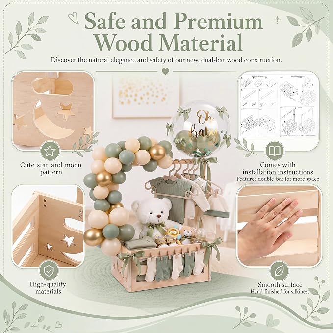 Wooden Baby Shower Crate Closet with Hanger Rack, Green Bow Baby Gifts Basket with Balloon Accessories, DIY Babies Welcome Box for Pregnancy New Parent