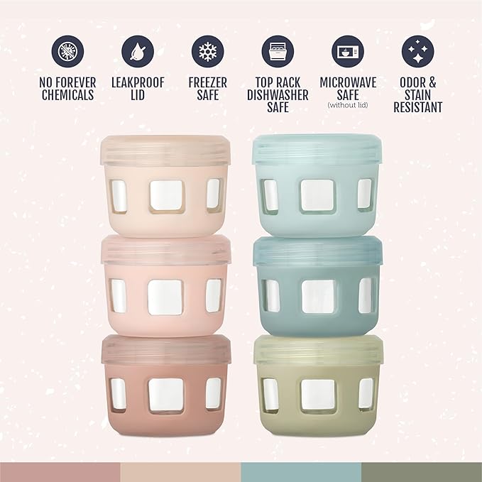 Ello Clean Start 4oz Glass Baby Food Storage Containers, 6 Pack, Sunny Shore