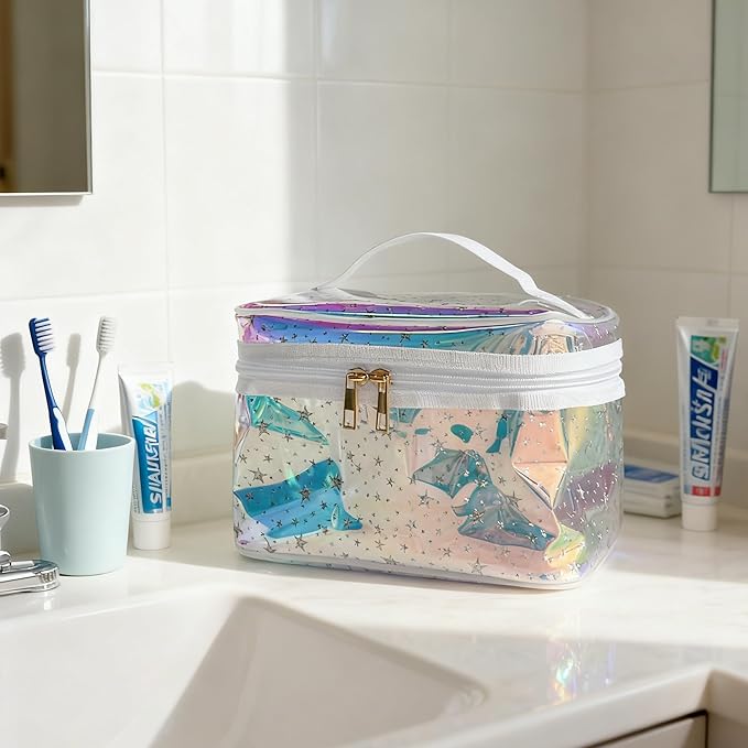 Waterproof Blue Star Print PVC Makeup Bag with Handle - 8.66 * 5.51 * 5.51 inch Travel Cosmetic Organizer for Women Men Toiletry Pouch (Blue Star-L)