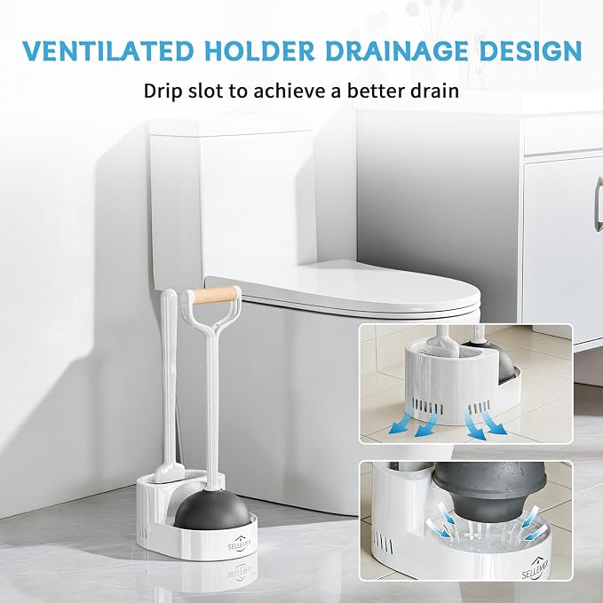 Sellemer Toilet Brush and Plunger Set, Curved Head for Deep Cleaning, White | Brush and Plunger set, Curved Nylon Bristles for Deep Clean, Strong Suction Plunger, Ventilated Holder for Quickly Air Dry