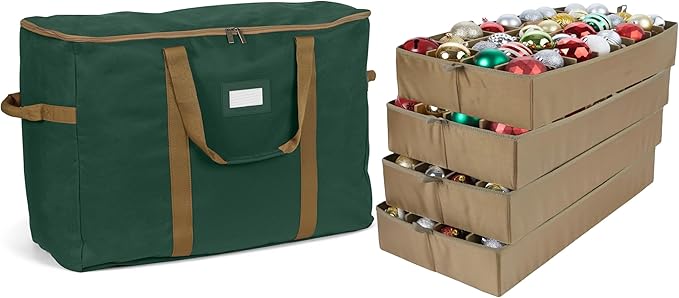 Covermates Keepsakes Adjustable Ornament Storage Bag – Heavy-Duty Polyester, Padded Dividers & FlexGrid Trays – Protective Holiday Ornament Organizer with Handles & Label Window, Green