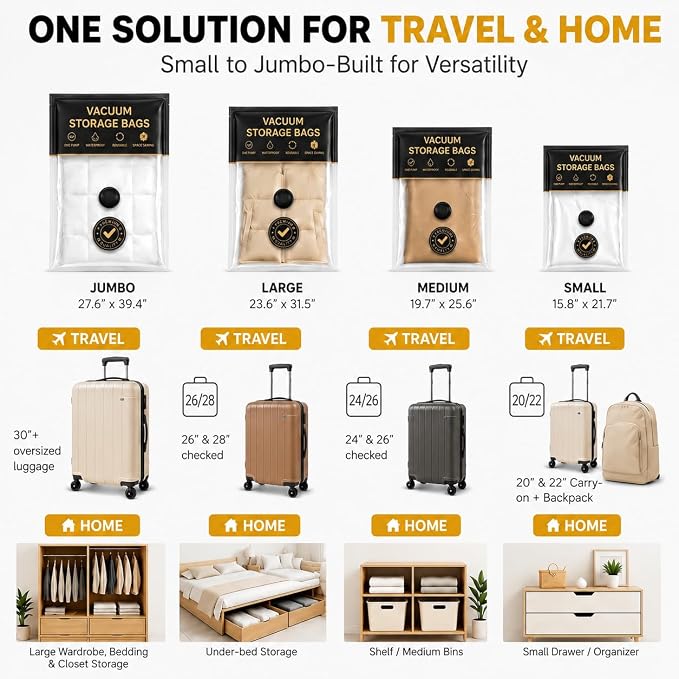 Vacuum Storage Bags with Electric Pump, Travel Vacuum Bags with USB-C Pump, Vacuum Seal Bags for Clothing Travel, Compression Sacks for Suitcase Packing, Reusable Space Saver Bags (12 Pack)