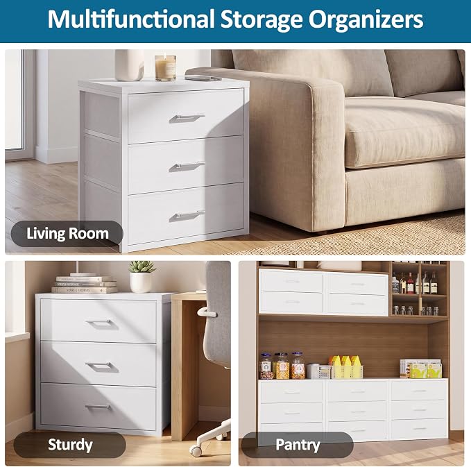 3 Fabric Drawer for Closet Storage: White Stackable Dresser Short Drawers for Clothes Organizer, Low Modular Chest Cabinet for Inside Closet Bedroom Nursery & Small Spaces, 3 Packs