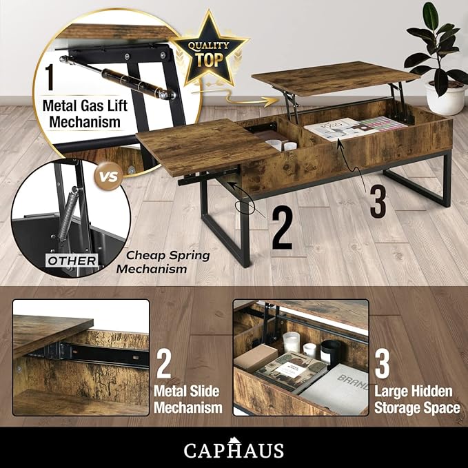 CAPHAUS Lift Top Coffee Table w/Sliding Drawer, Rising Tabletop Coffee Table w/Hidden Compartment & Sliding Drawer, Storage Coffee Table w/Lift & Sliding Top for Living Room, 47" Espresso