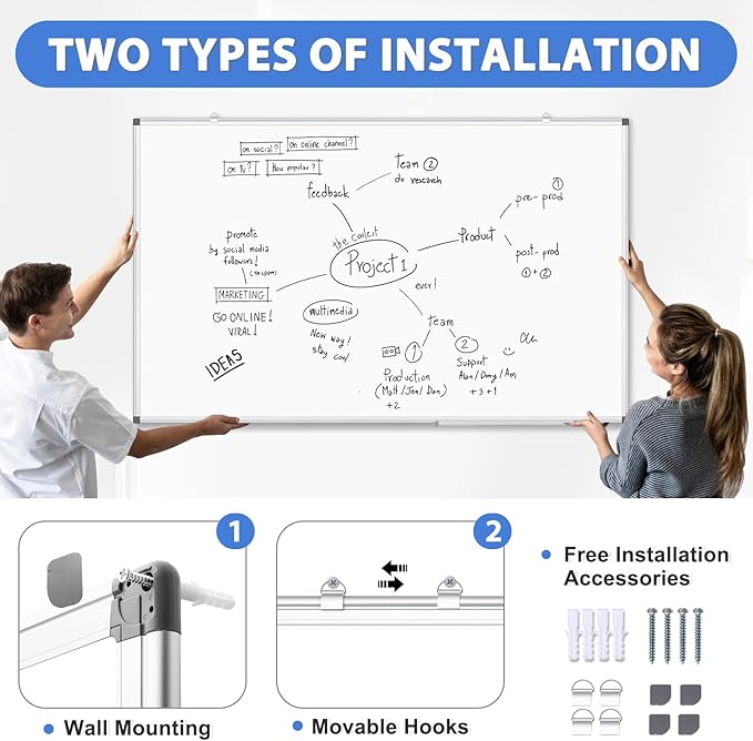 WALGLASS Large White Board, 72" x 40" Double-Sided Dry Erase Board Magnetic Whiteboard for Wall, Hanging Mounted Whiteboard Silver Aluminium Frame for Home, School, Office