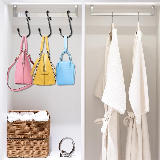 12 Pack Heavy Duty Twist Design Purse Hanger for Closet - Anti-Slip Vinyl Coated Metal 4 inch Large S Hooks, Multipurpose Organizer for Purses, Handbags, Belts, Scarves, Hats, Black