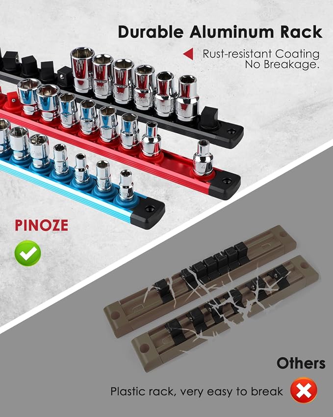 PINOZE 3/8" Magnetic Socket Holder Organizer - Aluminum Alloy Socket Rail Tray for Tool Box Drawer, Socket Rack with Extra 2Pcs Replacement Clips for Automotive Garage(Red)