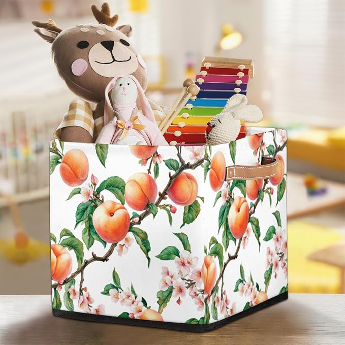 TropicalLife Peach Fruit Flower Storage Cube, 13 Inch Fabric Cube Storage Organizer Bin for Shelves Clothes, Decorative Foldable Storage Boxes
