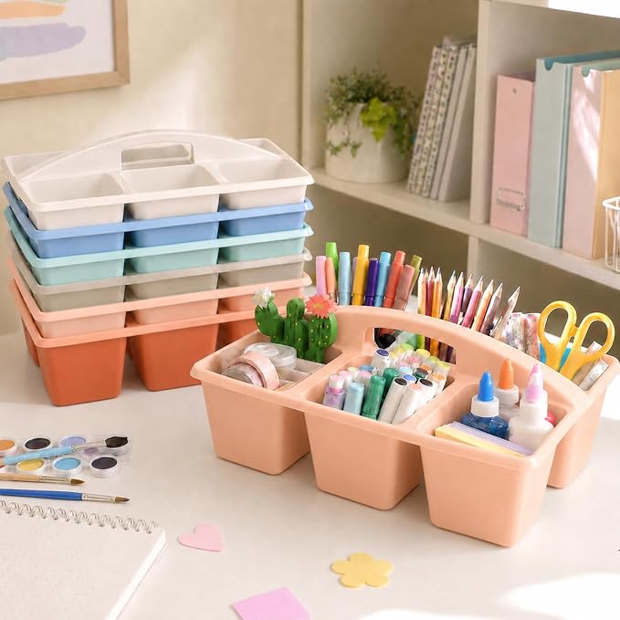 gisgfim 6 Pack Plastic Classroom Caddy with 6-Compartments Plastic Storage Caddies with Handle 6 Compartments Table Caddy Organizer Versatile Table Caddies for Classroom Office Storage, Morandi Color