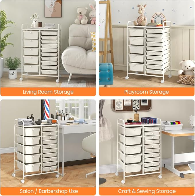 Moccha 15-Drawer Rolling Storage Cart - Under Desk Storage Drawers with wheels for Craft Art Supply Paper Salon, Scrapbook Paper Tools, Mobile Utility Cart for Classroom (15 Drawers, White)