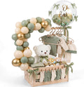 Wooden Baby Shower Crate Closet with Hanger Rack, Green Bow Baby Gifts Basket with Balloon Accessories, DIY Babies Welcome Box for Pregnancy New Parent