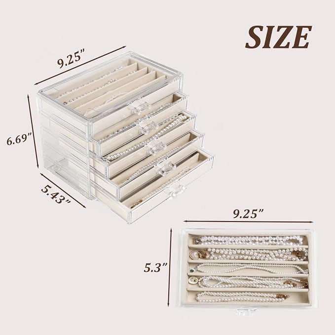 5 Drawers Necklace Organizer Storage, Tray with Clear Lid, Dustproof Velvet Necklaces Holder Storage Display Case, Necklace Tray Drawer Insert for Pendant Suitable for Women and Girls (25 grids)