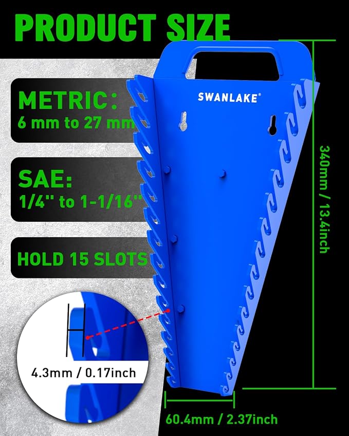 SWANLAKE Magnetic Wrench Organizer Toolbox Holder, 2-Pack SAE (1/4'' to 1-1/16''), Metric (6mm to 27mm) Ratchet Wrench Organizers, Total Hold 30 Slots Wrench Holders for Tool Box