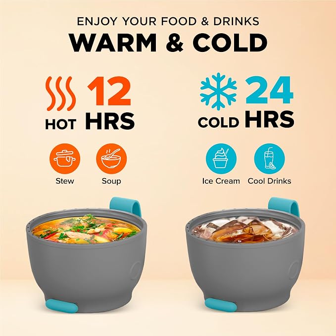 ENERGIFY Vacuum Insulated Food Jar. Large 17oz Bowl incl. Folding Spoon, Cup. Wide Mouth Keep Hot & Cold Drinks Soup Lunch Container for Adults. BPA-Free Stainless Steel, Leak Proof Blue