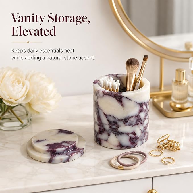 Natural Marble Round Jar with Lid, 4.13 in | A round marble jar that keeps cotton swabs, pads, and hair ties neatly stored with a natural stone accent.