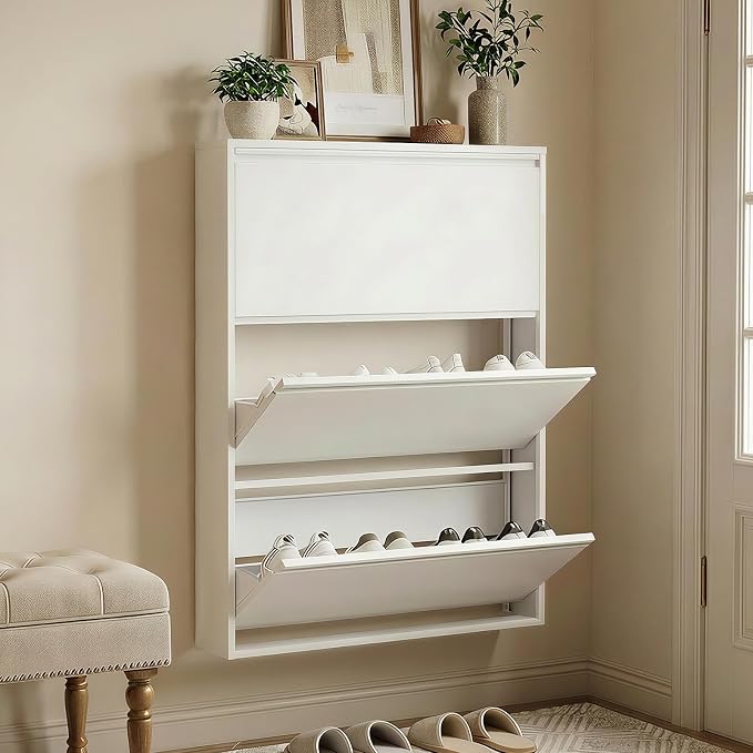 Shoe Cabinet with 3 Flip Drawers, Slim Metal Wall-Mounted Shoe Storage Organizer for Entryway, Hallway, Mudroom, Hidden Narrow Rack, White