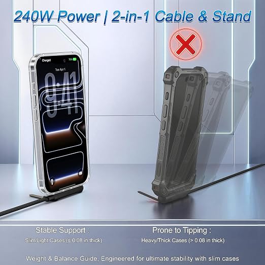 Invisible Holder Charger Cable, 240W PD Fast Charging Cable for Desk, USB-C to USB-C & USB to Light-ning Cable 4.9 FT with 360° Adjustable Metal Stand, 2 in 1 Holder Charger for Gaming, Office, Home