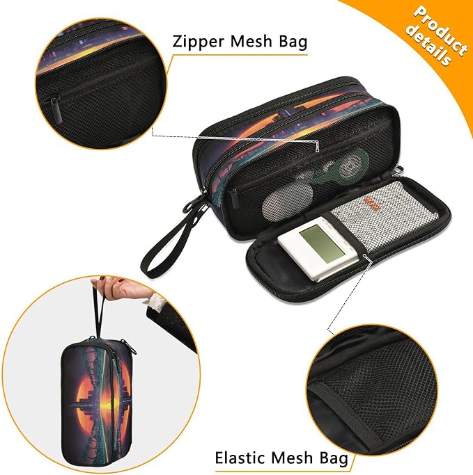 Neon Synthwave Pattern Large Capacity Pencil Case Pouch Organizer stationery Pen Bag with 3 Compartment for School College Supplies