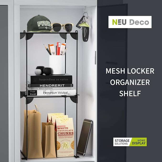 Neudeco Pack 2 Mesh Locker Shelf, Grey | Stackable, Extra Tall, Collapsible, Metal Build, Fits Standard Size School Locker