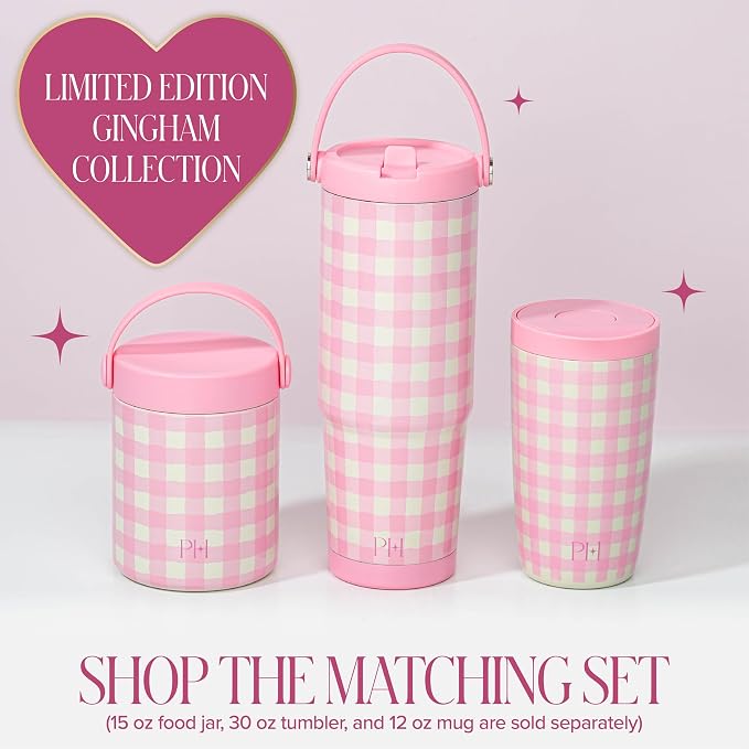 Paris Hilton Limited Edition Gingham Insulated Food Jar, Stainless Steel Vacuum Insulated Food Container with Folding Carry Handle, Leak-Proof Lid, 15-Ounce, Pink