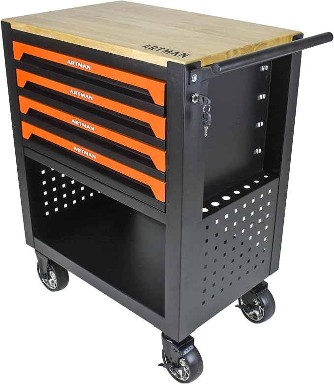 36" Tool Box with Wheels 4 Drawers Rolling Tool Cart, Wooden Top Workbench, 660lbs Total load Tool Cabinet with Locked Drawers Storage Organizer Cabinet for Garage, Warehouse, Repair Shop - Orange