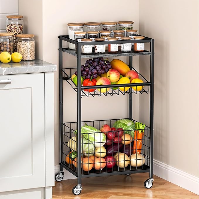 Fruit Vegetable Cart, 3-Tier Snack Cart on Wheels & Wood Top, Black | Vegetable Rack For Kitchen, Kitchen Cart Organizer for Fruit, Vegetables, Potato, Snack