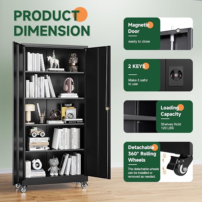 Letaya Metal Garage Storage Cabinets with Wheels,Steel Tool Cabinets Lock Door and Adjustable Shelves for Home,Office,Warehouse Organisieren (Black, 75" H)