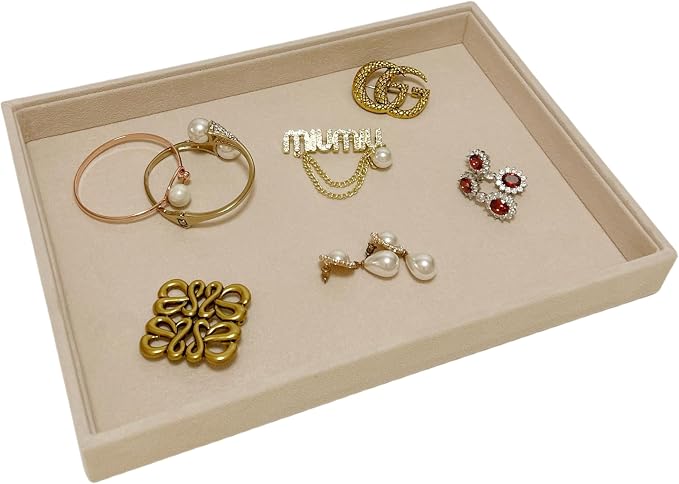 Premium Grade Multi Function Beige Velvet Jewelry Collection Accessaries Organization Tray Display Show Tray Home Store Drawer Divider Insert Closet Organizer