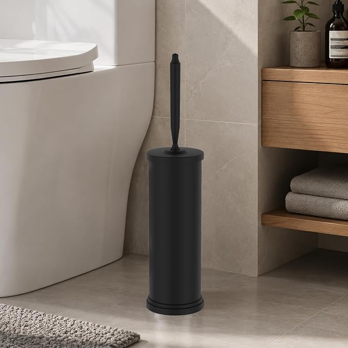 Stainless Steel Toilet Brush and Holder Set : Weighted Stable Base, Removable Inner Tube.Long Handle Toilet Bowl Brush Splash-Proof Design for Deep Cleaning & Space-Saving Storage,Black