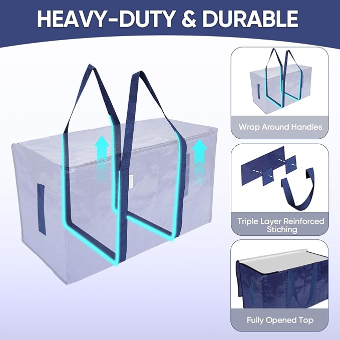 TICONN 2 Pack Extra Large Moving Bags Heavy Duty with Zippers & Carrying Handles, Durable Storage Bags Moving Boxes for Closet Organizers and Storage (2 Pack, Navy)