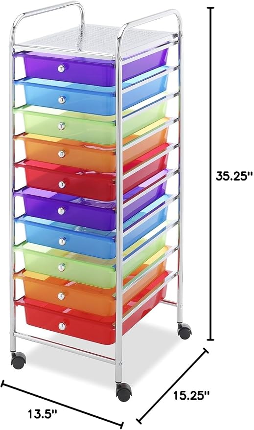 Whitmor 10 Drawer Rolling Craft Storage Cart, Plated Metal Frame for Crafting, Sewing, Crafts, Office, Home Storage,15.25“L x 13.50"W x 35.25"H, Chrome