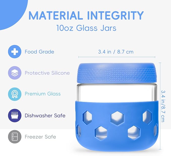 Gemice 6-Pack 10 oz Overnight Oats Containers with Lids and Silicone Sleeves, Glass Mason Jars with Airtight Lid, Dishwasher Safe, Wide Mouth Chia Seed Pudding Meal Prep Jar for Yogurt Berries Snack