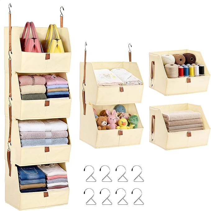 4-Tier Modular Sturdy Hanging Closet Organizer, Heavy-Duty Detachable Clothes Hanging Shelves with Reinforced Zippers and 8 Durable Hooks, Hanging Camper Organizer for Bedroom, RV, Nursery