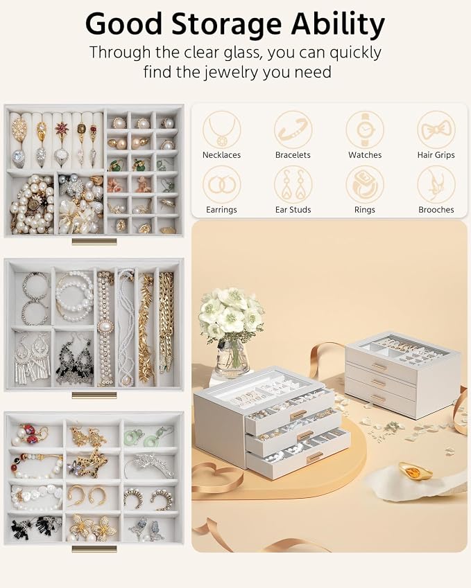 AKOZLIN Jewelry Box with Clear Lid Functional Leather Jewelry Storage Organizer Case 3 Drawers for Women Girls Necklace Ring Bracelet Earring