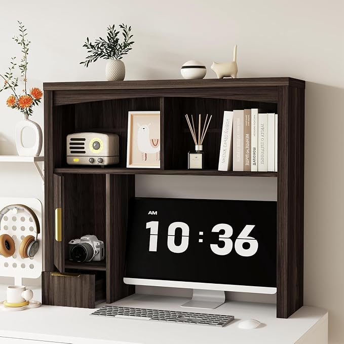 Desktop Shelf, Wooden Desk Hutch with Storage, Desktop Bookshelf with Cabinet and Drawer, Office Desk Organizer, Space-Saving Organization, Over Desk Storage Shelves for Home, Dorm, Walnut
