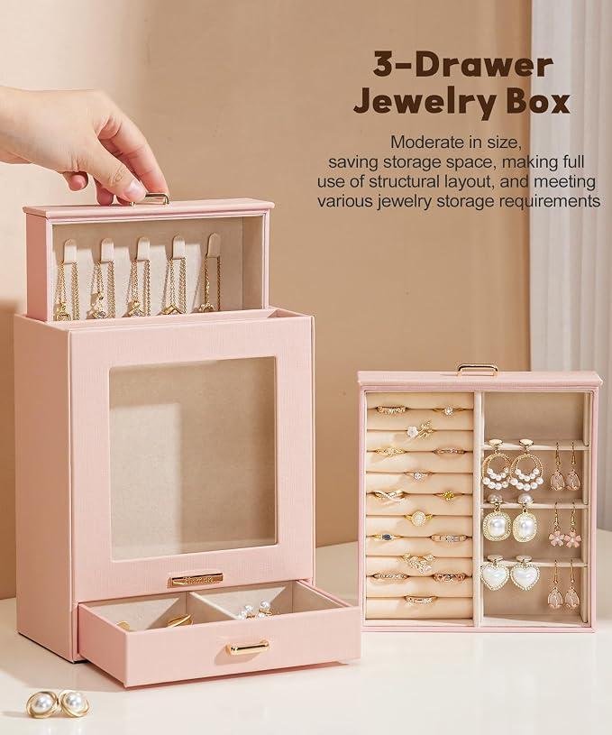 Homde Display Jewelry Box for Girls: Starter Organizer with Clear Window | Vertical Drawers for Earrings Rings Necklaces - Compact Footprint Fits Small Vanities - Birthday&Graduation Gift for Teens