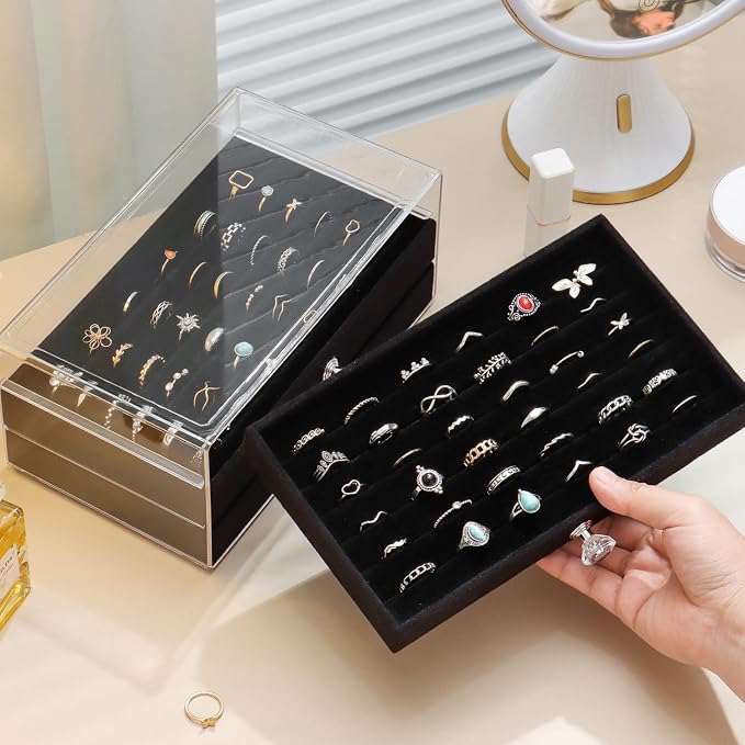 SPAKOWN Ring Box Display Holder, Clear Velvet Jewelry Storage Tray Organizer for Ring Stud Earring (Black - 3 Drawers)