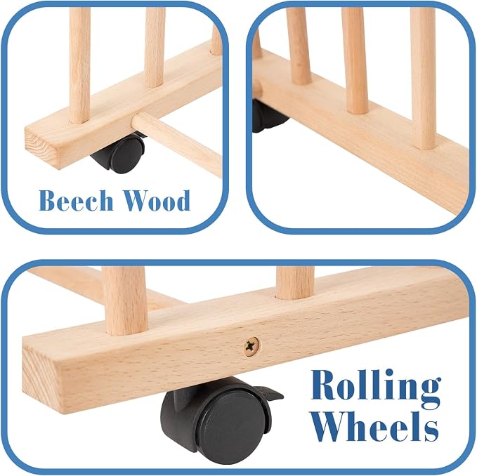 Large Art Drying Rack with Four Caster Wheels, Wooden Canvas Storage Stand | Can Well Hold Up to 60" Drawing Boards, Prints, Panels, Paintings, and Artworks Display