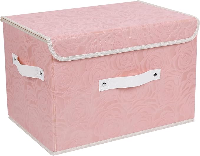 Lucky Monet Cute Storage Bin Boxes with Lids Washable Decorative Storage Boxes Pink Lidded Storage Baskets Collapsible Fabric Box Cubes with PU Leather Handles for Shelf Closet, 1 Pack Pink, Large