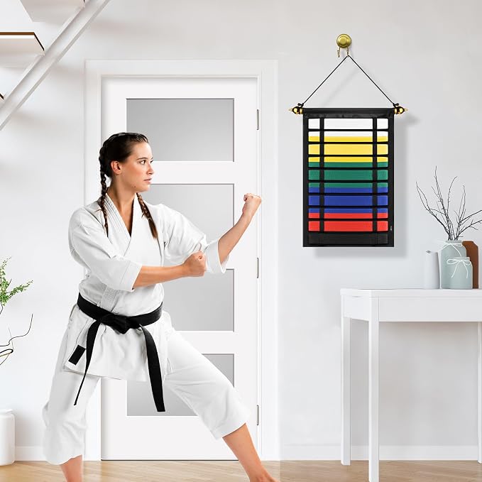 Cosmos Karate Belt Display Rack Holds 10 Belts, Taekwondo Belt Display Holder, Martial Arts Belt Organizer, Folding Design, Jiu Jitsu Belt Hanging Holder for Martial Arts Learners, Belt NOT Included