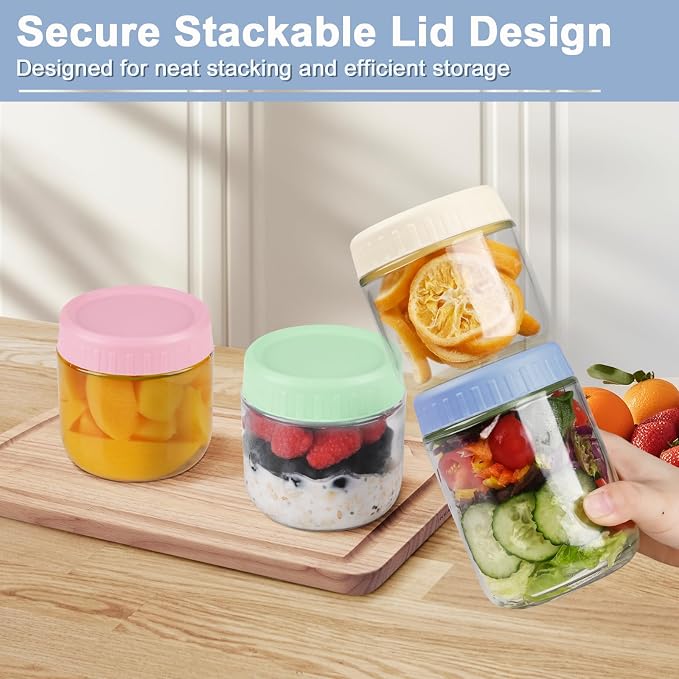 Overnight Oats Containers with Lids, 10oz Wide Mouth Mason Jars with Lids, 9 Pack Glass Jars with Airtight lid for Chia Pudding Yogurt Salad, Meal Prer Oatmeal Jars