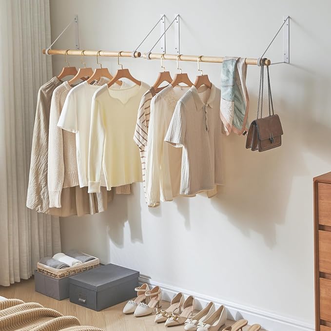 IBUYKE Wall Mounted Clothes Rack, Wood Wall Mounted Clothes Rail, Space-Saving Hanging Closet Rod, Modern Wardrobe Coat Rack for Entrance, Wall, Door, Bathroom, Bedroom, White TYJ005W