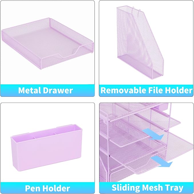 Desk Organizers and Accessories, 5-Tier Paper Letter Tray Organizer with File Holder, Drawer & Pen Holder, Office Desk Accessories, Desktop Organizer for Classroom Office Supplies, Purple