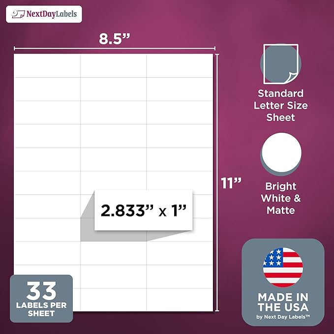 NextDayLabels 2.83x1 Inch Rectangle Stickers White Blank Labels for Laser Inkjet Printer - 33 Per Sheet Self-Adhesive Address Mailing Barcode Made in USA - 1650 Labels