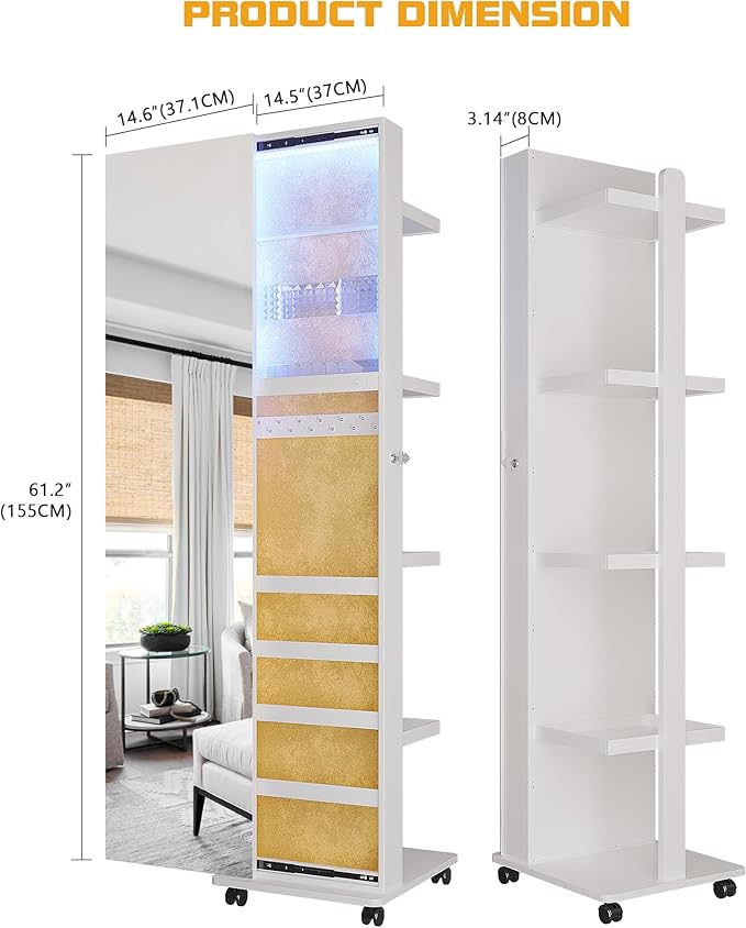 Lvifur 360° Rotating LED Jewelry Armoire,Side Pull Full Length Mirror Large Capacity Floor Standing 3 Color Dimmable Jewelry Organizer Armoire with 4 rollers,Rear Storage Shelves