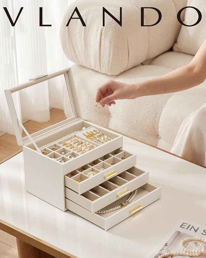 VLANDO Jewelry Box Organizer for Women, 4-Layer Jewelry Storage Case with Glass Lid, Gold Handle, 3 Drawers for Rings, Earrings, Necklaces and Bracelets - Cloud White