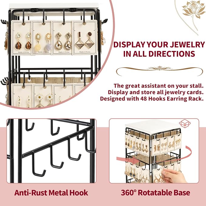 360 Rotating Earring Display Stands for Selling, Earring Rack Display Holder Stand, Jewelry Display for Vendors Selling Earring Cards, Necklaces, Bracelets, Hair Accessories (48 Hooks)