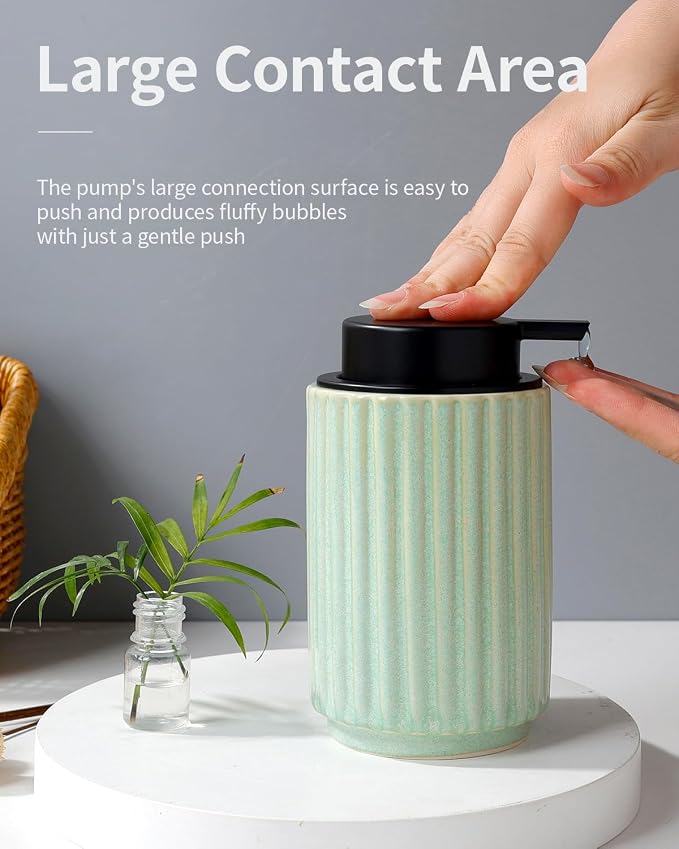 Soap Dispenser, Green Ceramic Refillable Liquid Hand Soap Pump for Bathroom Kitchen, 10.5OZ Lotion Dispenser, Dish Soap Dispenser, Modern Stripe Design, ANTIS'S HOME